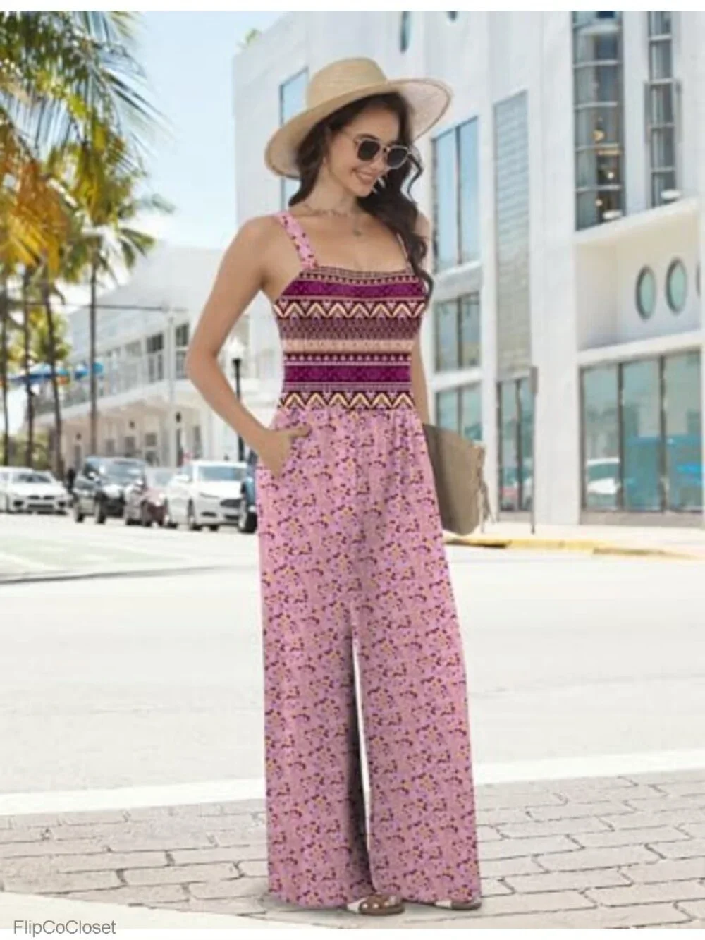 Sleeveless Square Neck Wide Leg Jumpsuit Romper with Pockets